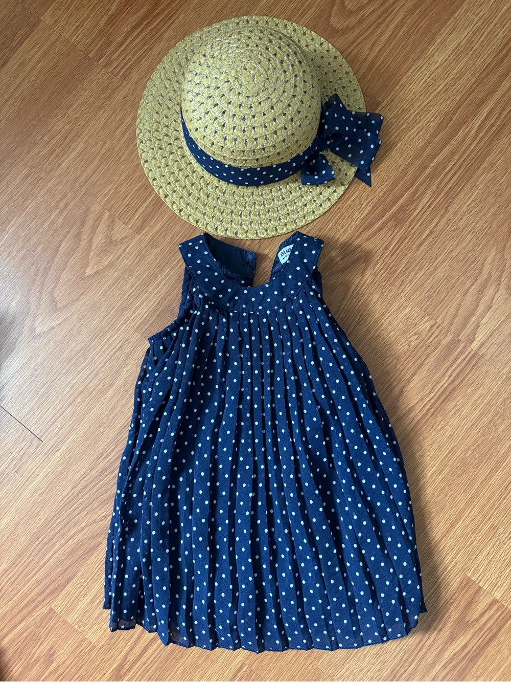 Blueberi Boulevard Navy and White Polka Dot Pleated Dress with Straw Hat